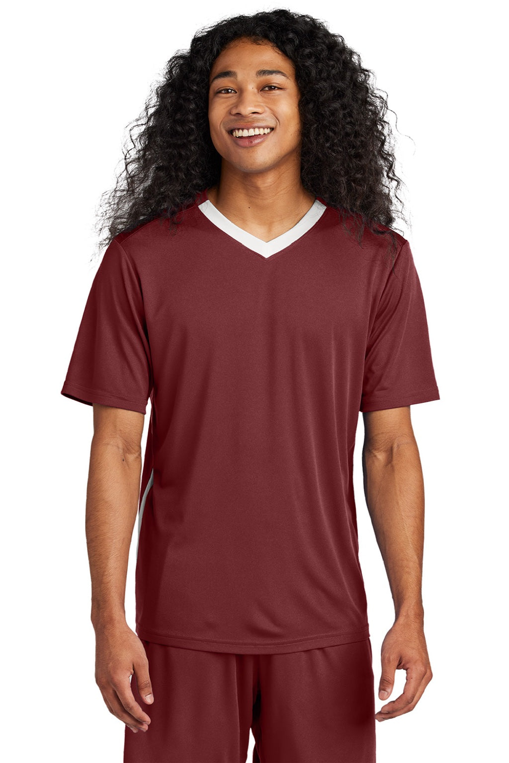 Sport-Tek ST101 Mens Moisture Wicking Competitor United Short Sleeve V-Neck T-Shirt Maroon/White Model Front