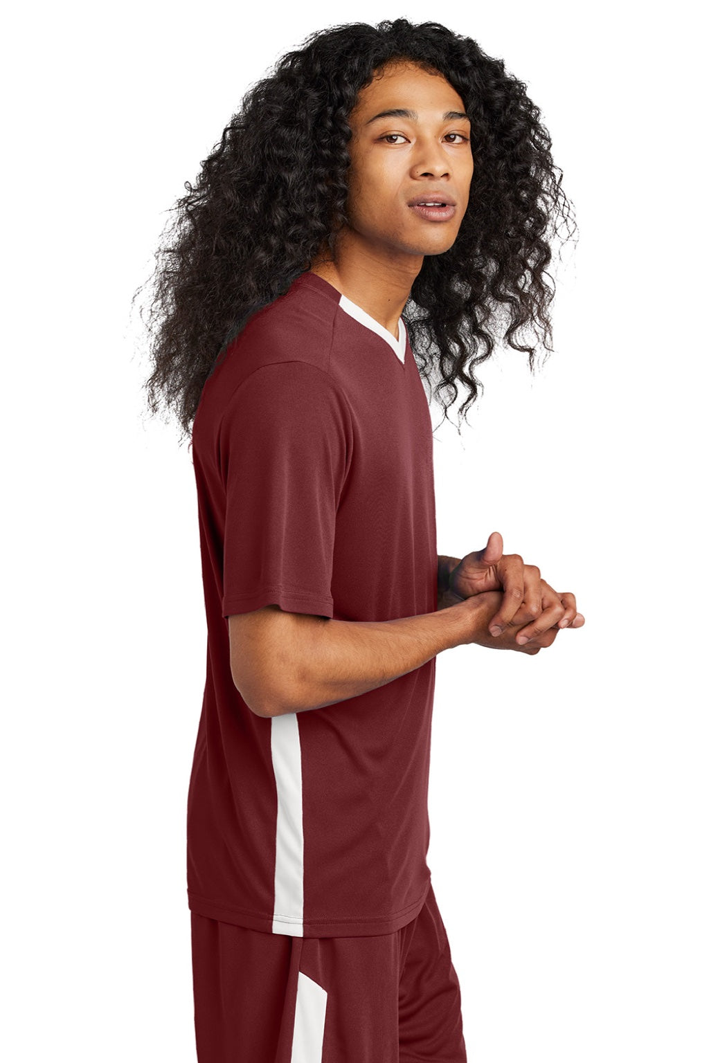 Sport-Tek ST101 Mens Moisture Wicking Competitor United Short Sleeve V-Neck T-Shirt Maroon/White Model Side