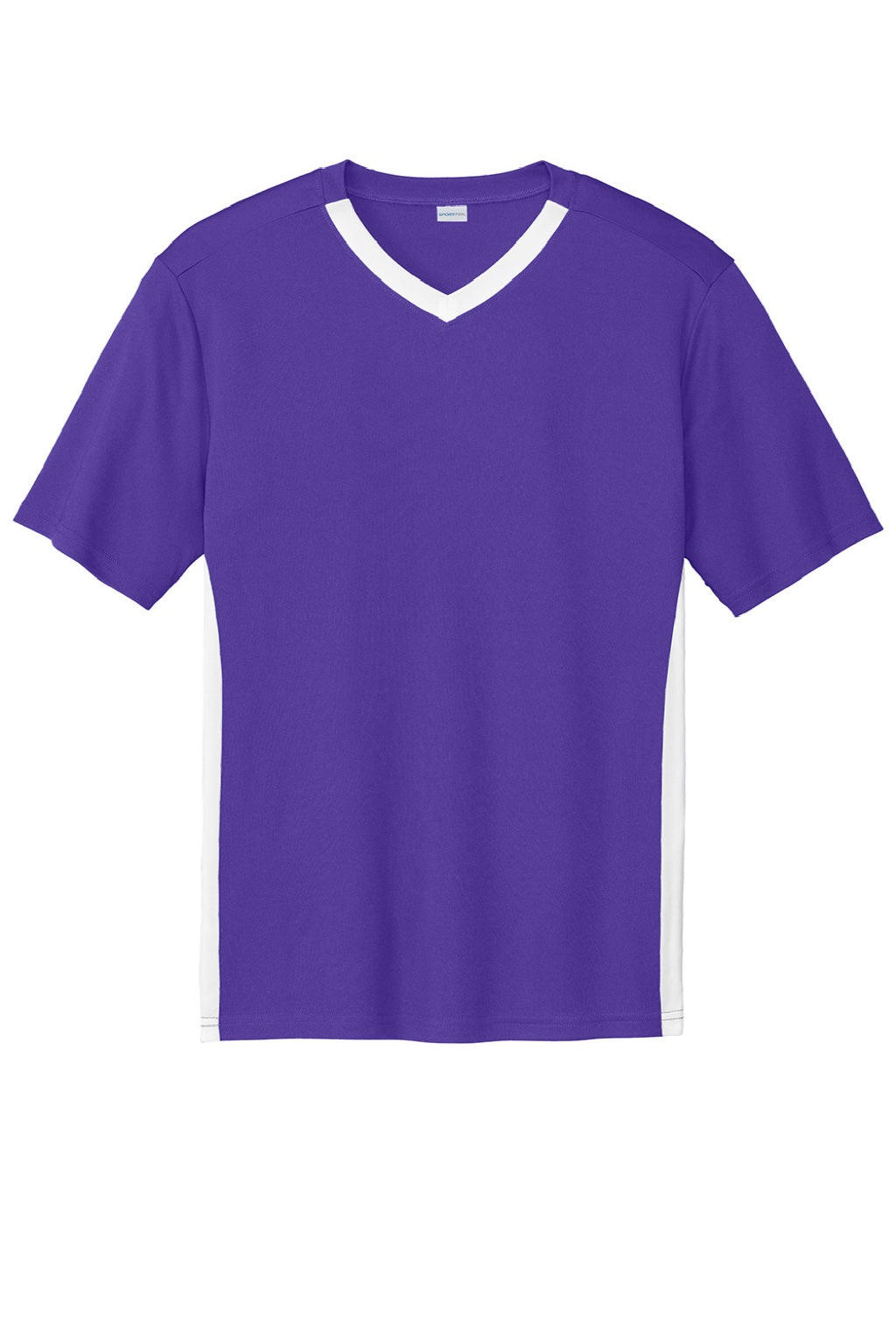Sport-Tek ST101 Mens Moisture Wicking Competitor United Short Sleeve V-Neck T-Shirt Purple/White Flat Front