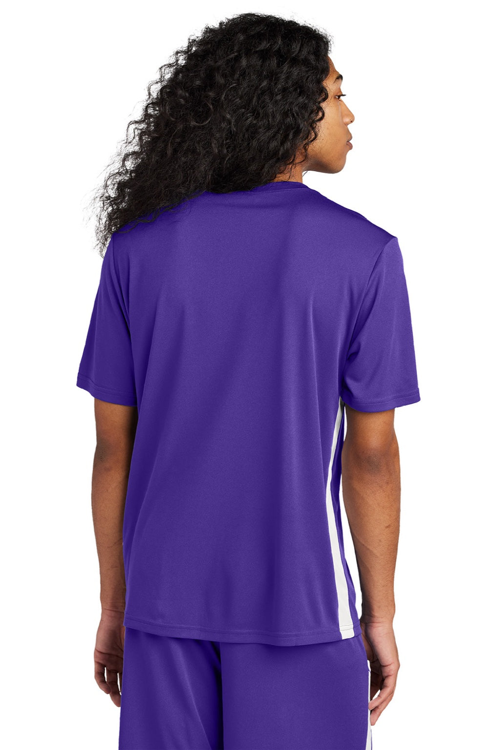 Sport-Tek ST101 Mens Moisture Wicking Competitor United Short Sleeve V-Neck T-Shirt Purple/White Model Back