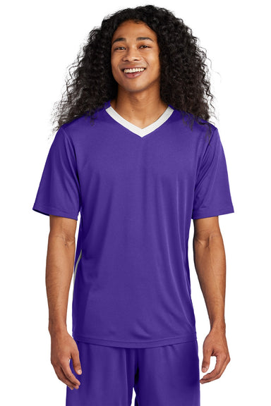 Sport-Tek ST101 Mens Moisture Wicking Competitor United Short Sleeve V-Neck T-Shirt Purple/White Model Front