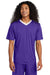 Sport-Tek ST101 Mens Moisture Wicking Competitor United Short Sleeve V-Neck T-Shirt Purple/White Model Front