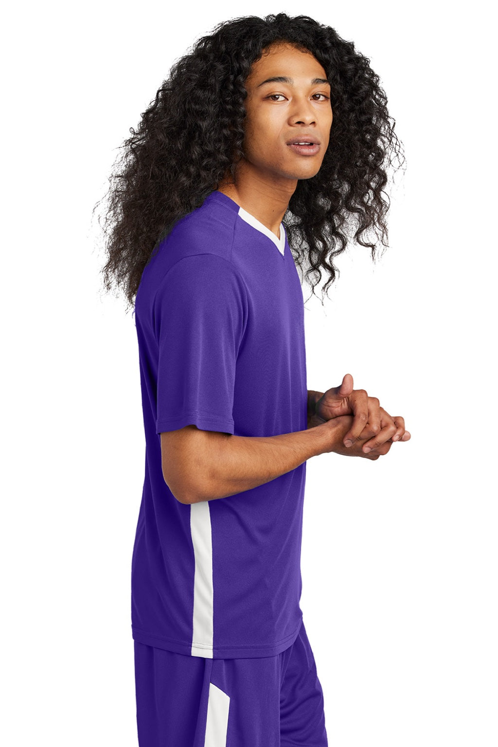 Sport-Tek ST101 Mens Moisture Wicking Competitor United Short Sleeve V-Neck T-Shirt Purple/White Model Side
