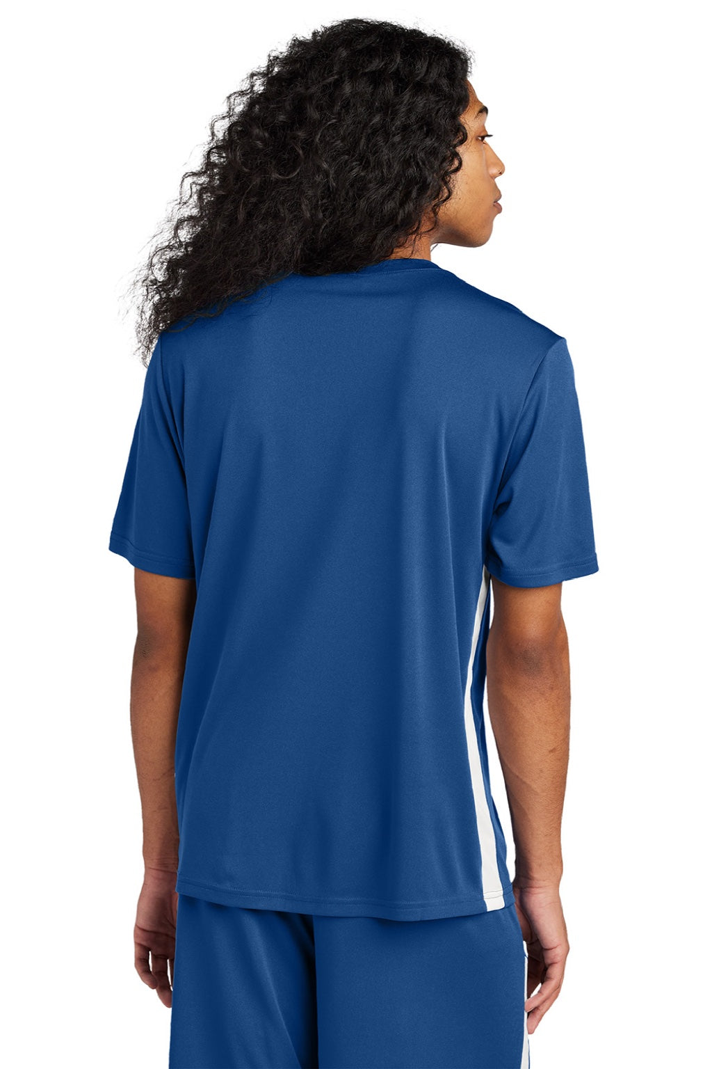 Sport-Tek ST101 Mens Moisture Wicking Competitor United Short Sleeve V-Neck T-Shirt Royal Blue/White Model Back