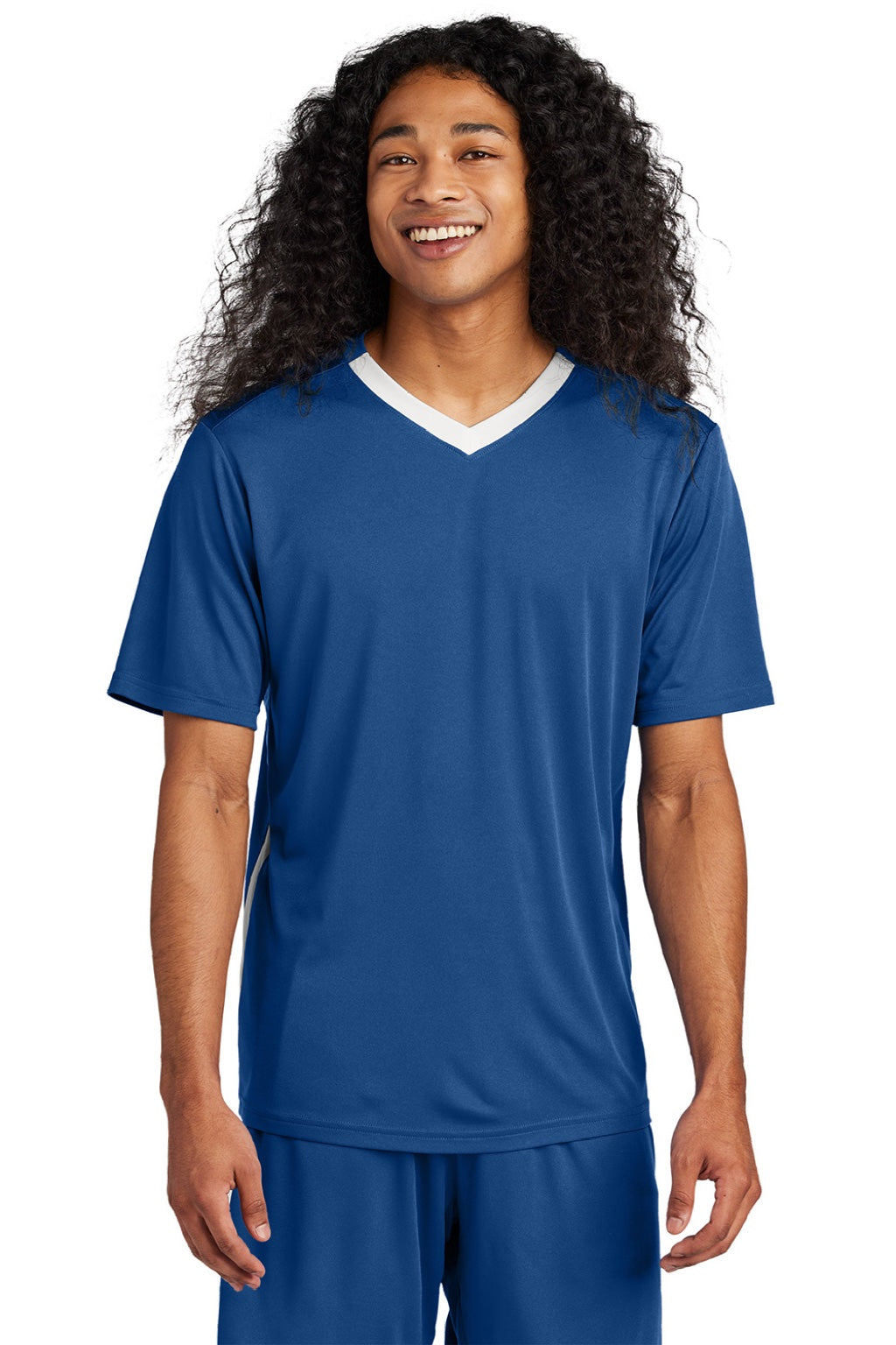 Sport-Tek ST101 Mens Moisture Wicking Competitor United Short Sleeve V-Neck T-Shirt Royal Blue/White Model Front