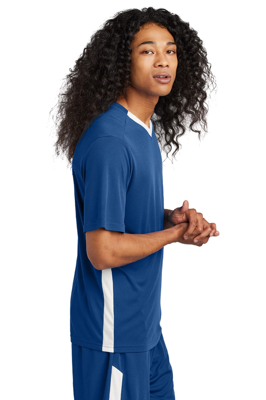 Sport-Tek ST101 Mens Moisture Wicking Competitor United Short Sleeve V-Neck T-Shirt Royal Blue/White Model Side
