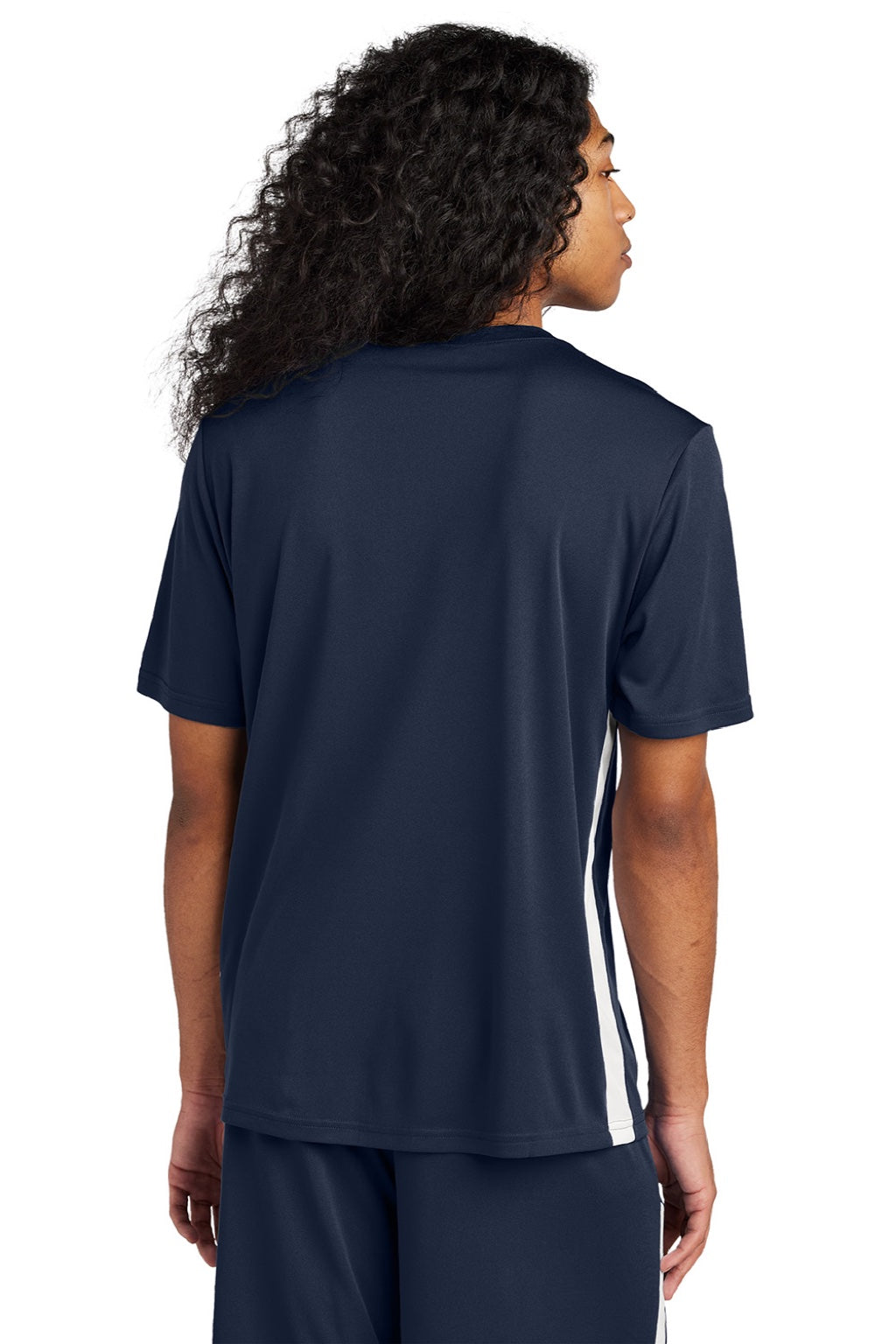Sport-Tek ST101 Mens Moisture Wicking Competitor United Short Sleeve V-Neck T-Shirt True Navy Blue/White Model Back