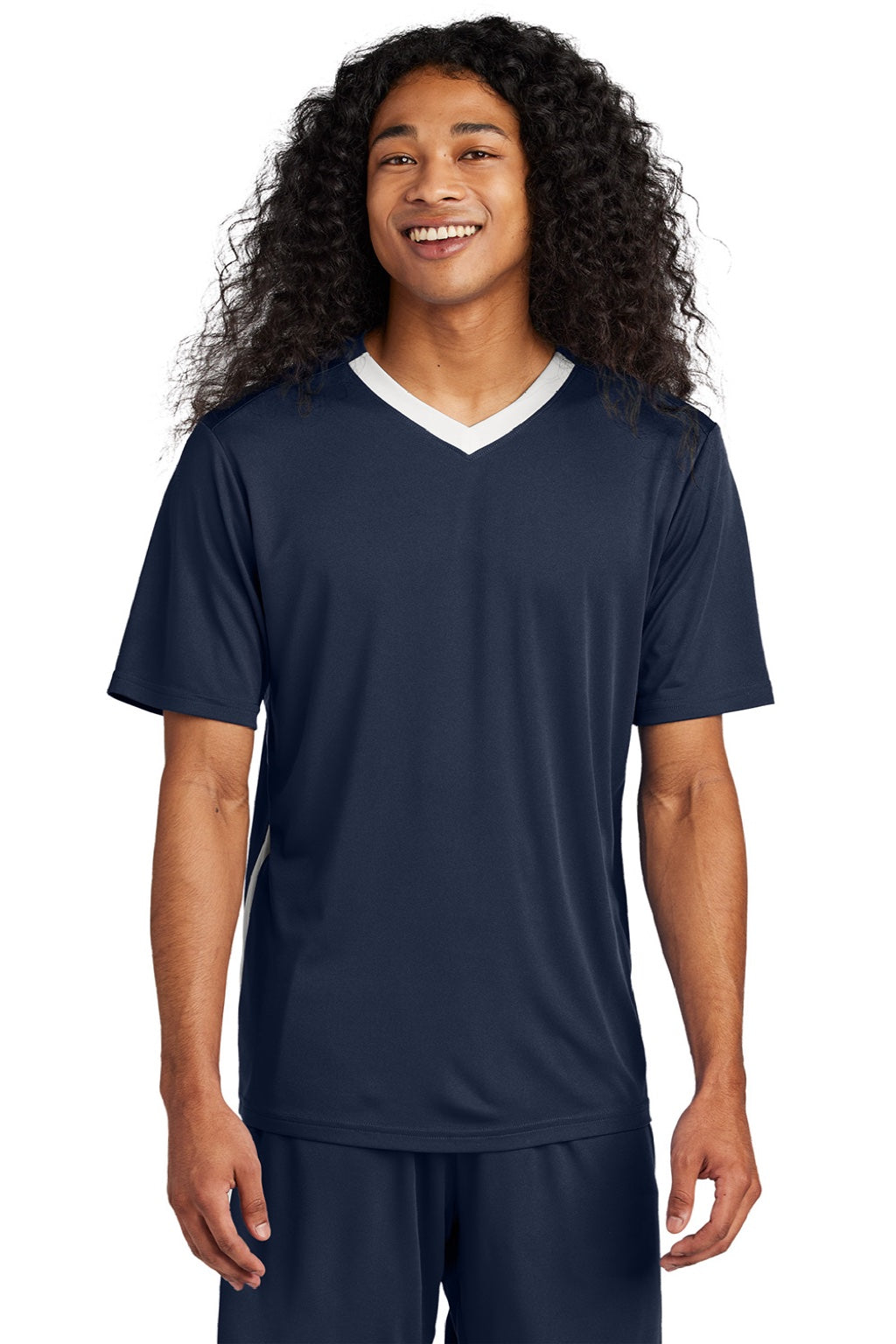 Sport-Tek ST101 Mens Moisture Wicking Competitor United Short Sleeve V-Neck T-Shirt True Navy Blue/White Model Front