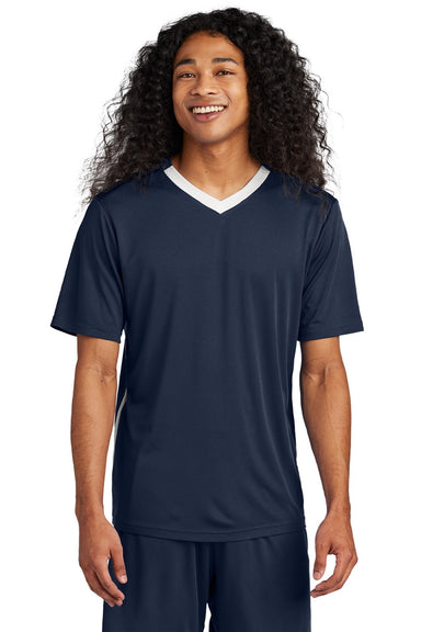 Sport-Tek ST101 Mens Moisture Wicking Competitor United Short Sleeve V-Neck T-Shirt True Navy Blue/White Model Front