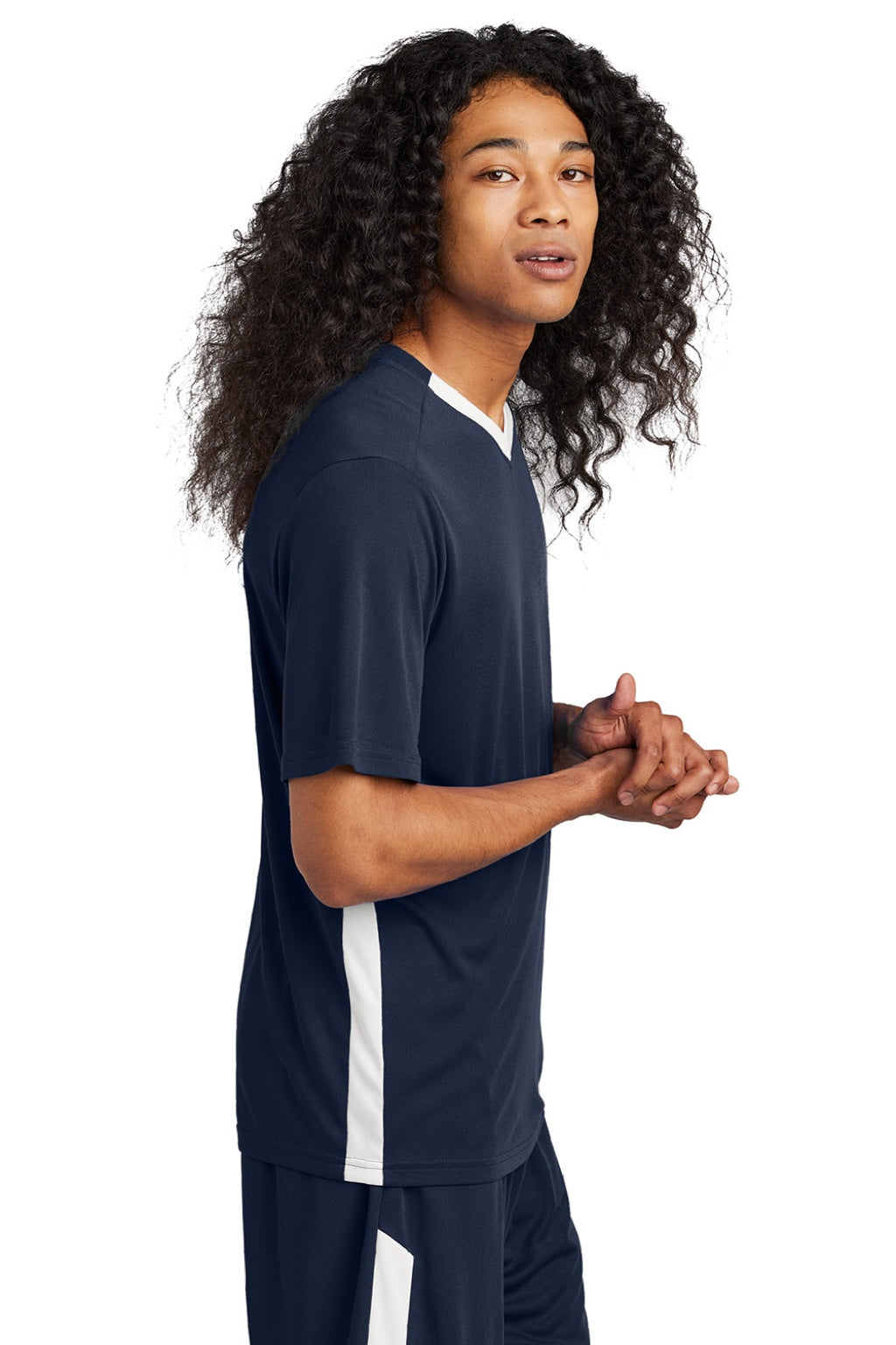 Sport-Tek ST101 Mens Moisture Wicking Competitor United Short Sleeve V-Neck T-Shirt True Navy Blue/White Model Side