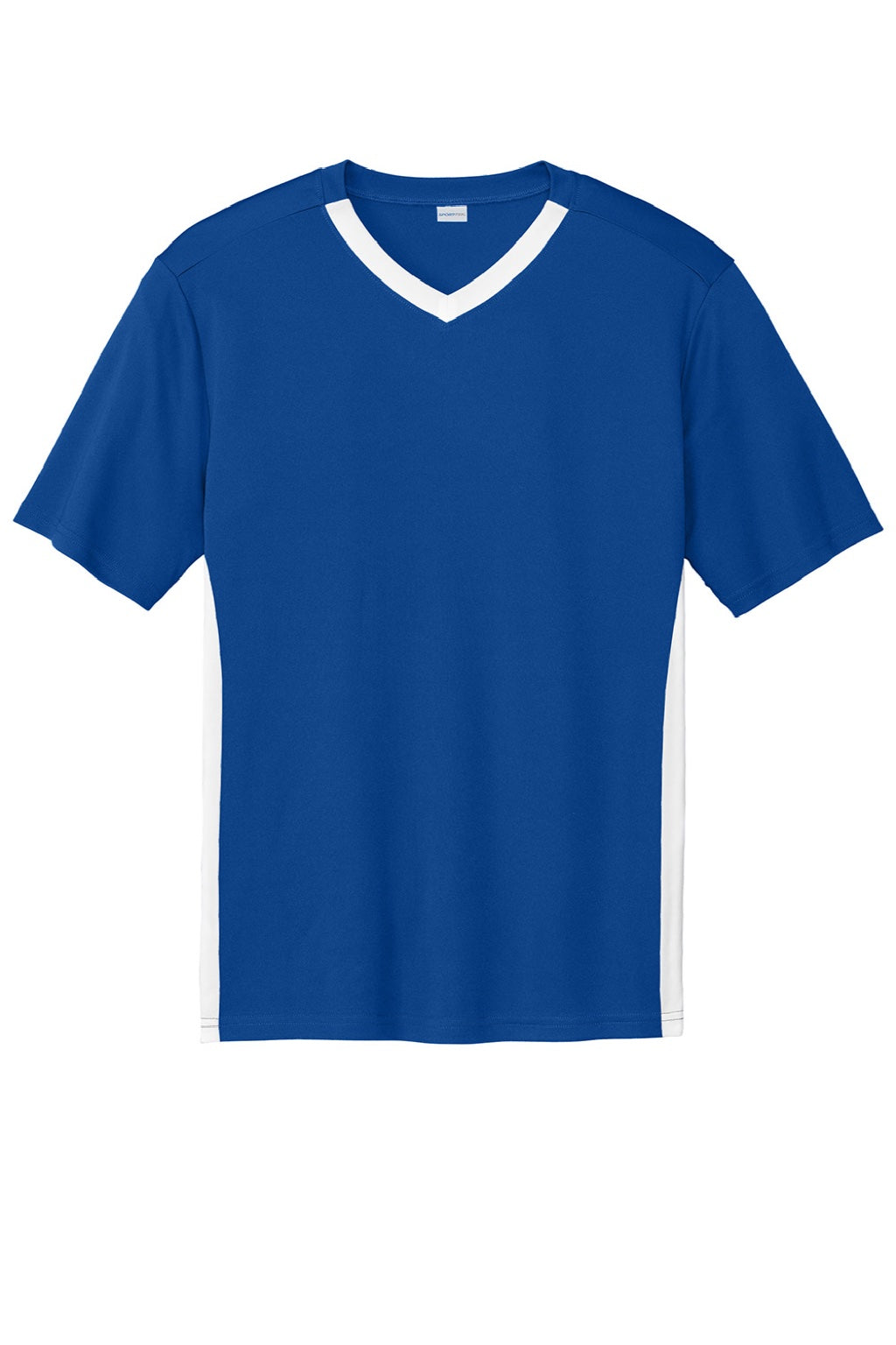 Sport-Tek ST101 Mens Moisture Wicking Competitor United Short Sleeve V-Neck T-Shirt True Royal Blue/White Flat Front