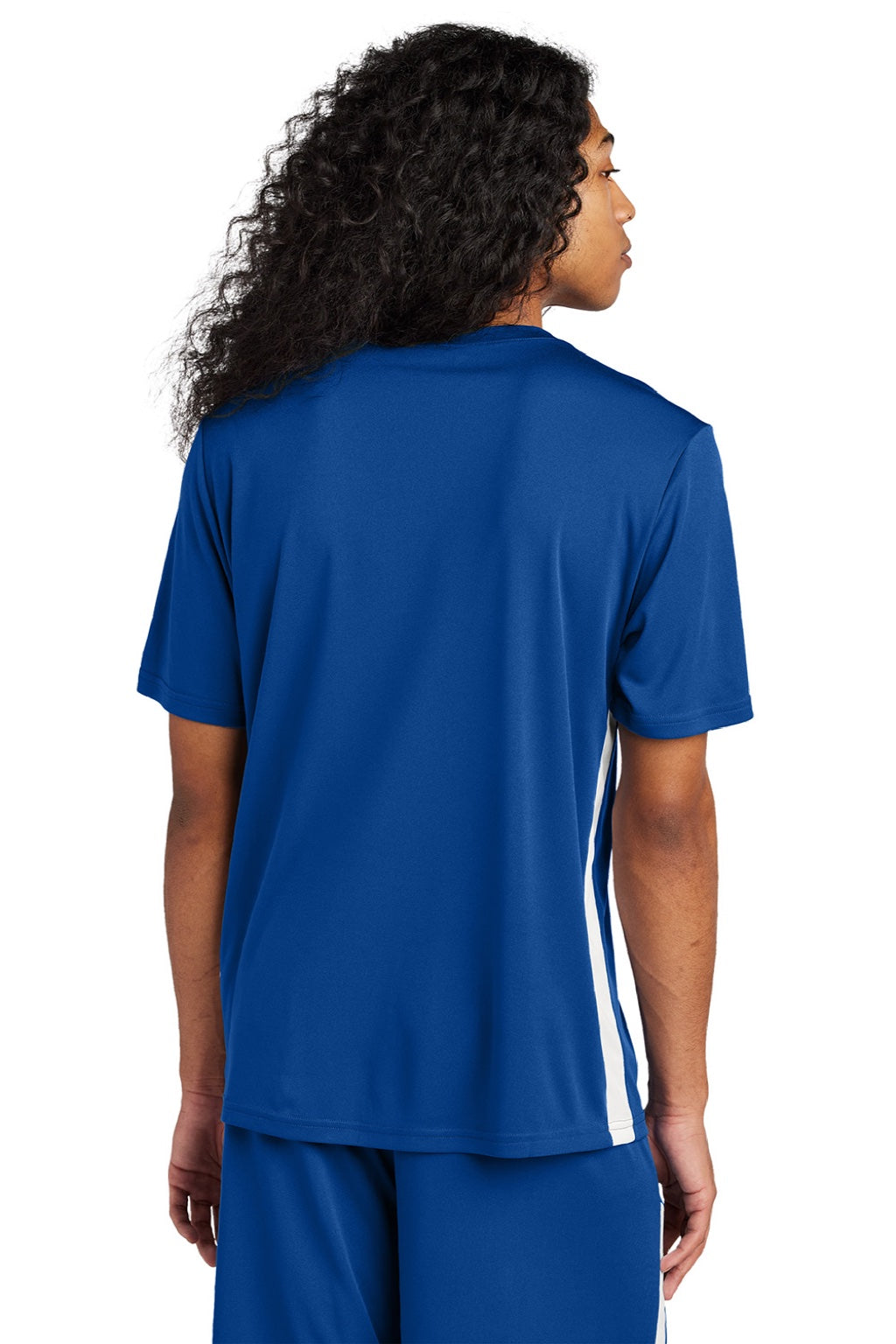Sport-Tek ST101 Mens Moisture Wicking Competitor United Short Sleeve V-Neck T-Shirt True Royal Blue/White Model Back