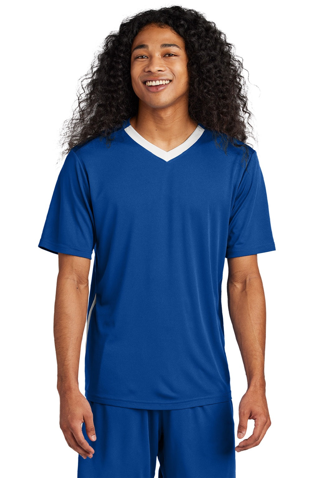 Sport-Tek ST101 Mens Moisture Wicking Competitor United Short Sleeve V-Neck T-Shirt True Royal Blue/White Model Front