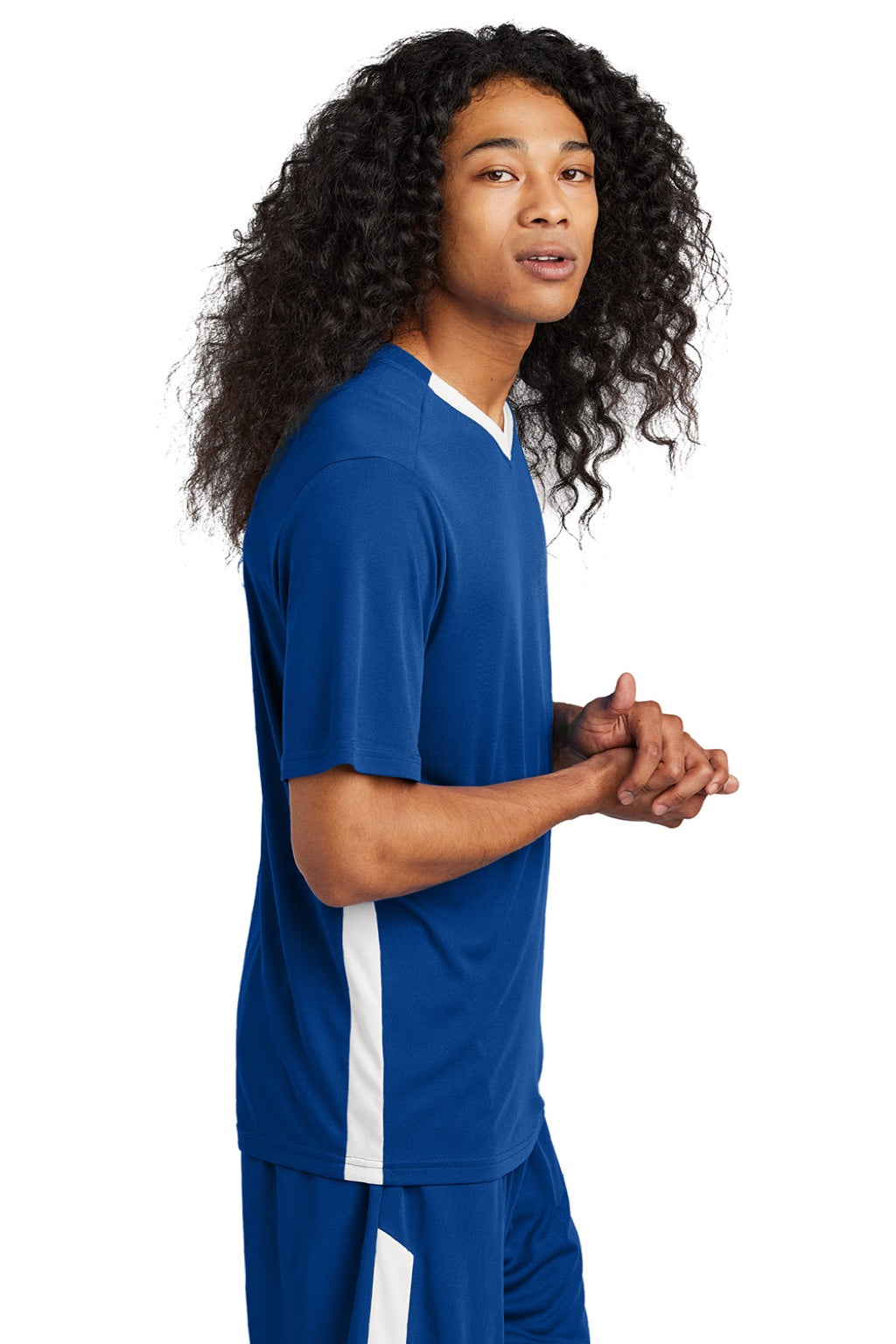 Sport-Tek ST101 Mens Moisture Wicking Competitor United Short Sleeve V-Neck T-Shirt True Royal Blue/White Model Side