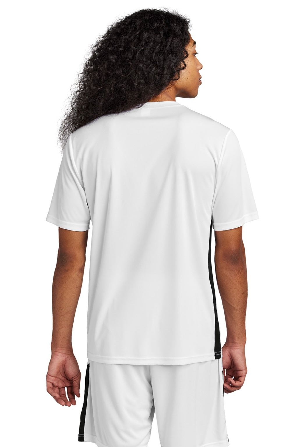Sport-Tek ST101 Mens Moisture Wicking Competitor United Short Sleeve V-Neck T-Shirt White/Black Model Back
