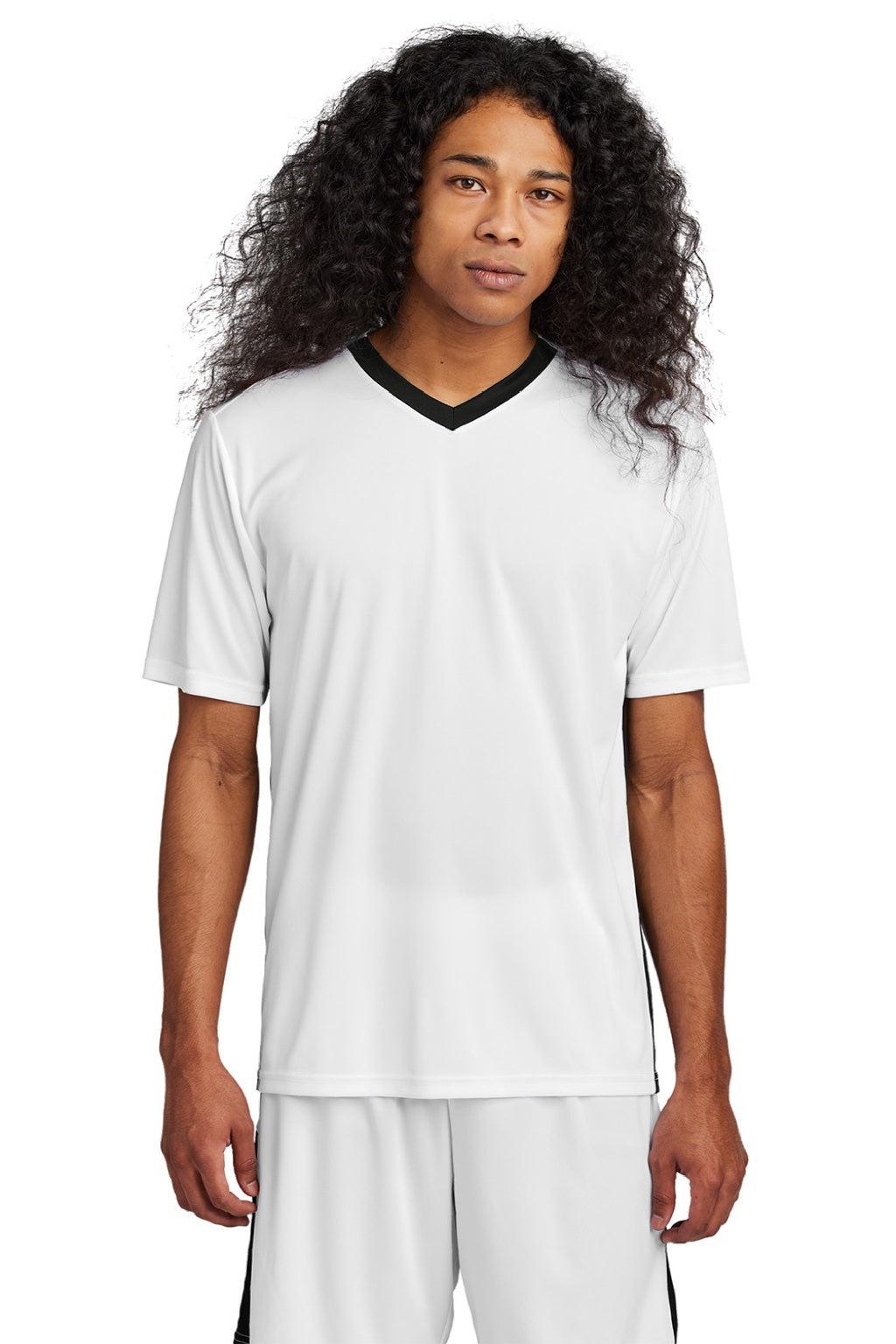 Sport-Tek ST101 Mens Moisture Wicking Competitor United Short Sleeve V-Neck T-Shirt White/Black Model Front
