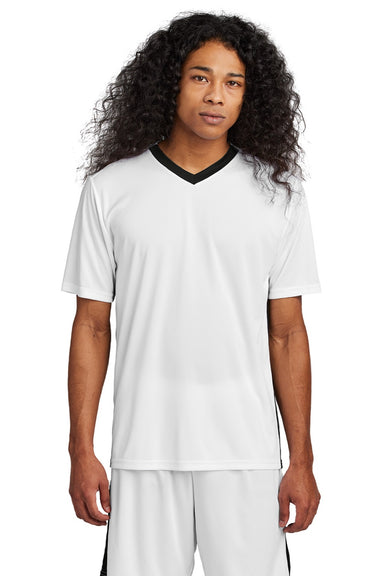 Sport-Tek ST101 Mens Moisture Wicking Competitor United Short Sleeve V-Neck T-Shirt White/Black Model Front