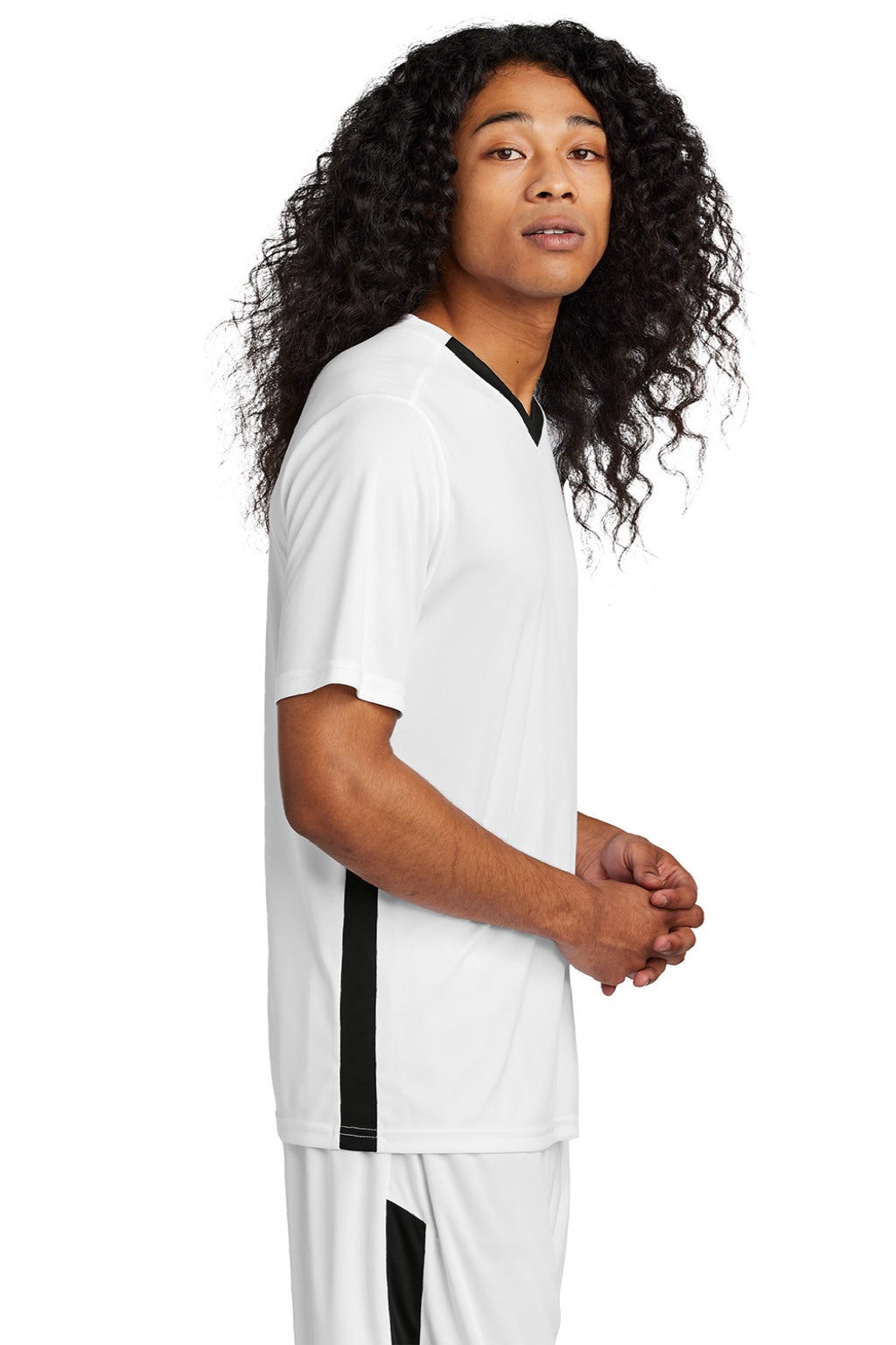 Sport-Tek ST101 Mens Moisture Wicking Competitor United Short Sleeve V-Neck T-Shirt White/Black Model Side