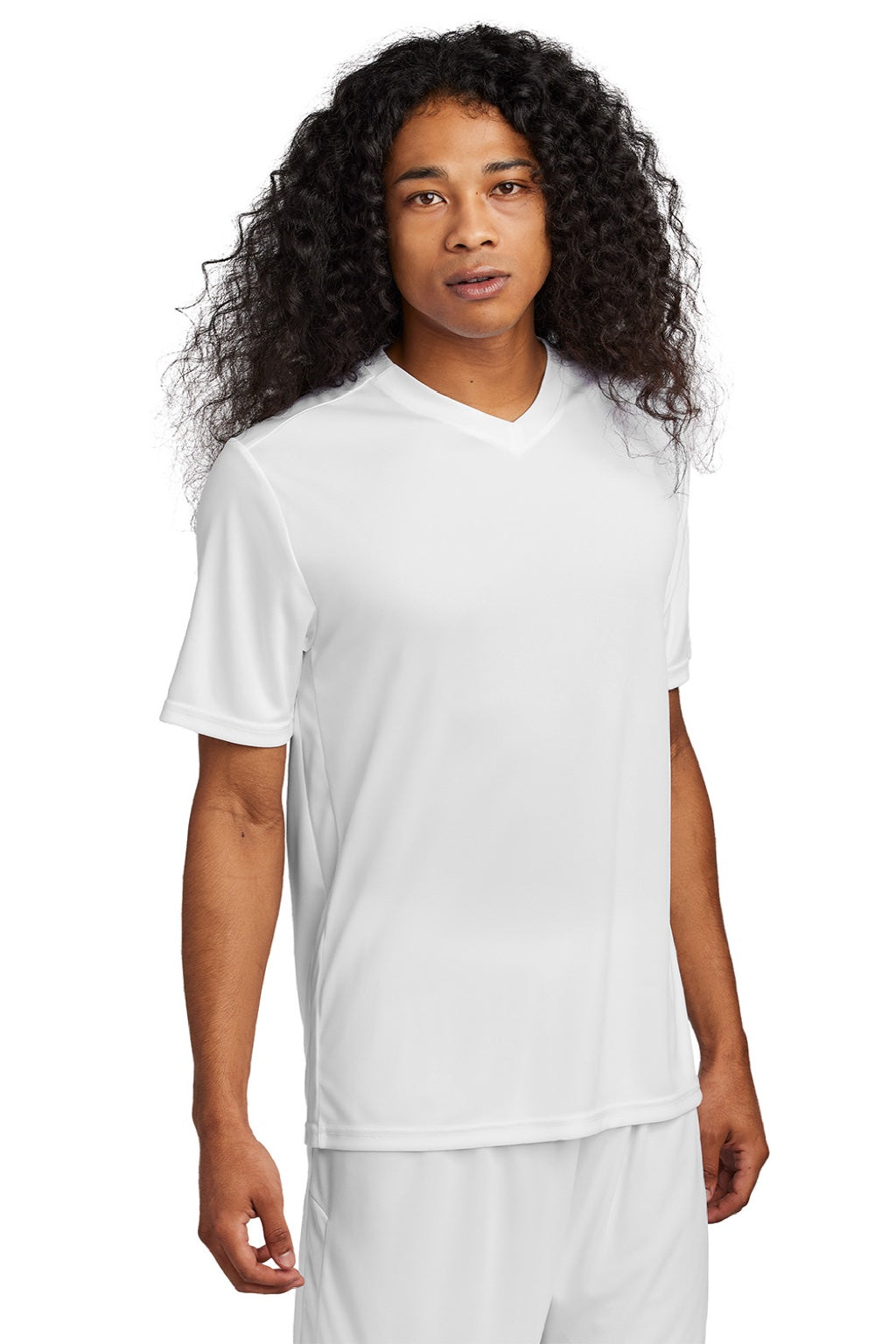 Sport-Tek ST101 Mens Moisture Wicking Competitor United Short Sleeve V-Neck T-Shirt White Model Front