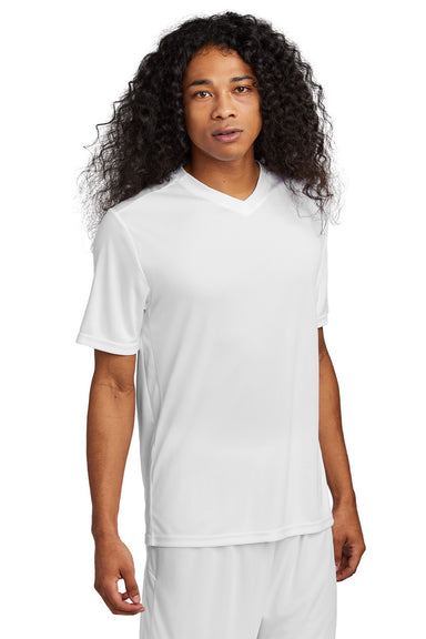 Sport-Tek ST101 Mens Moisture Wicking Competitor United Short Sleeve V-Neck T-Shirt White Model Front
