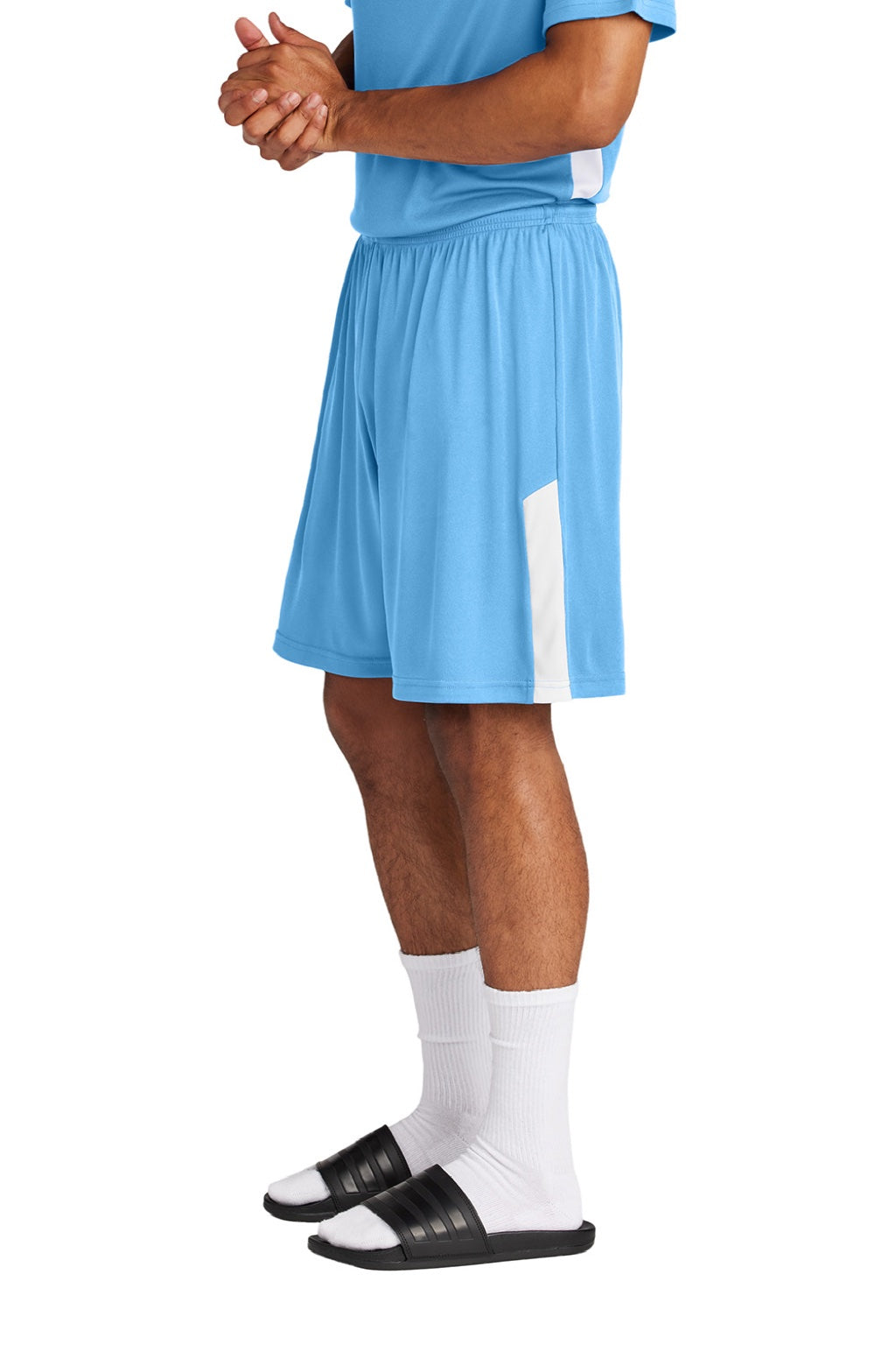 Sport-Tek ST103 Mens Moisture Wicking Competitor United Athletic Shorts Carolina Blue/White Model Side