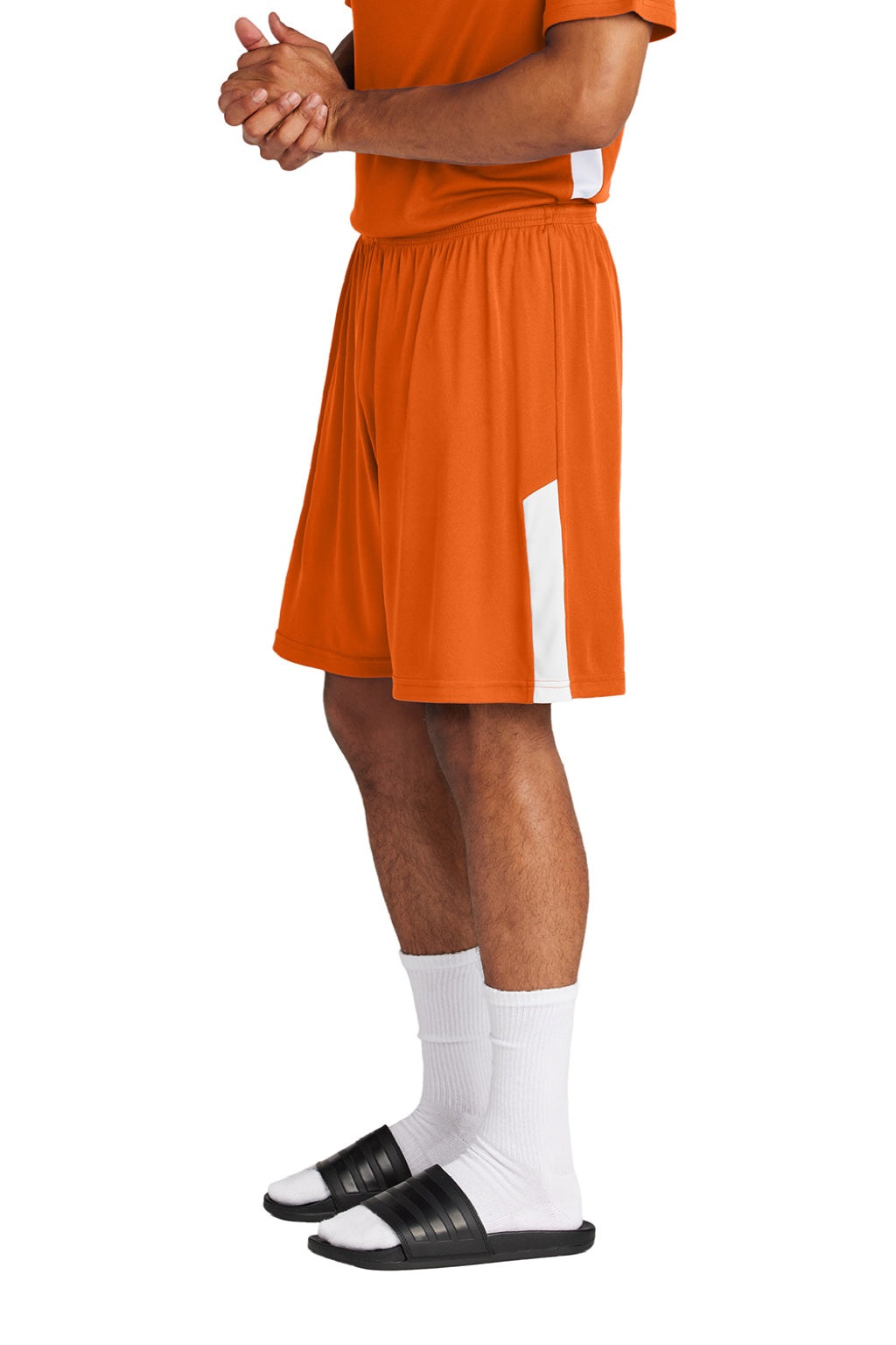 Sport-Tek ST103 Mens Moisture Wicking Competitor United Athletic Shorts Deep Orange/White Model Side