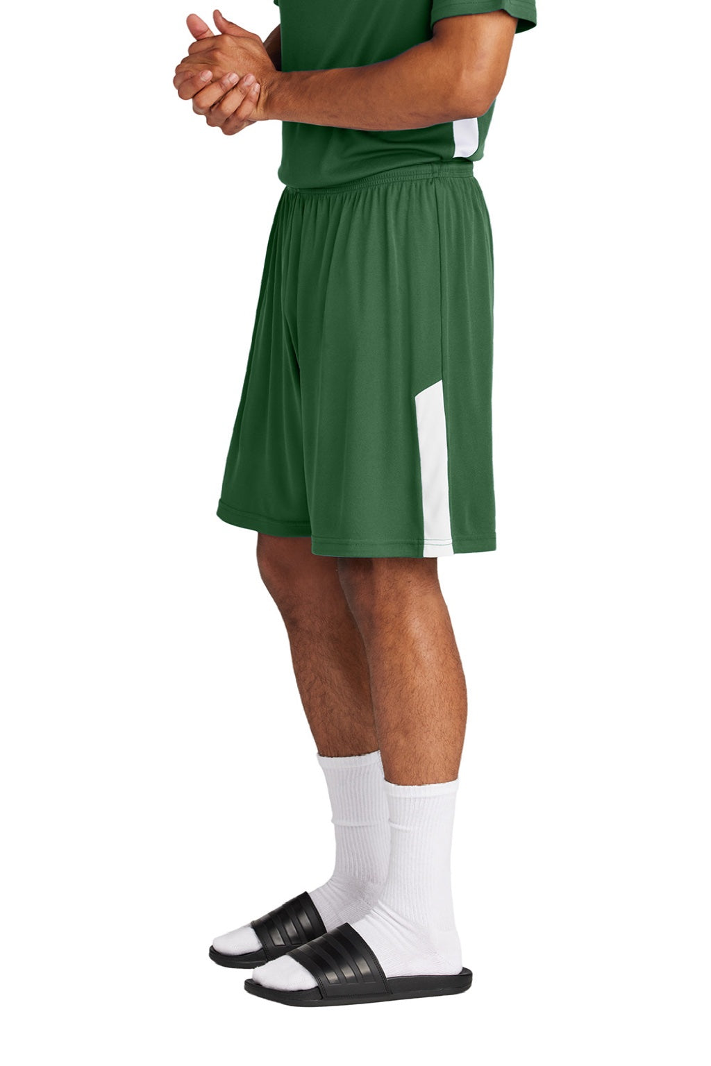 Sport-Tek ST103 Mens Moisture Wicking Competitor United Athletic Shorts Forest Green/White Model Side