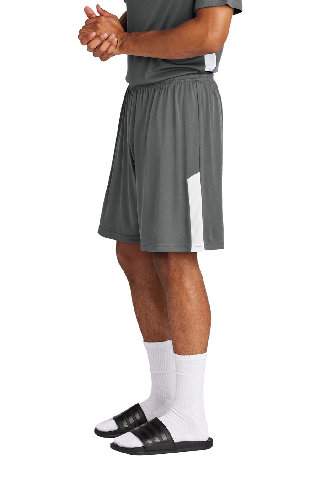 Sport-Tek ST103 Mens Moisture Wicking Competitor United Athletic Shorts Iron Grey/White Model Side