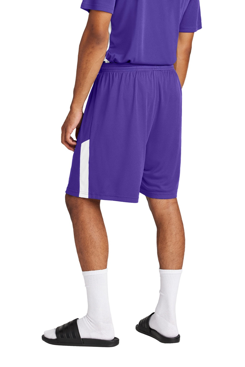 Sport-Tek ST103 Mens Moisture Wicking Competitor United Athletic Shorts Purple/White Model Back