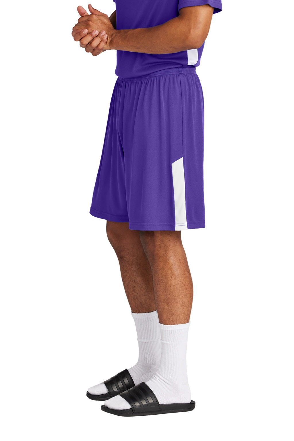 Sport-Tek ST103 Mens Moisture Wicking Competitor United Athletic Shorts Purple/White Model Side