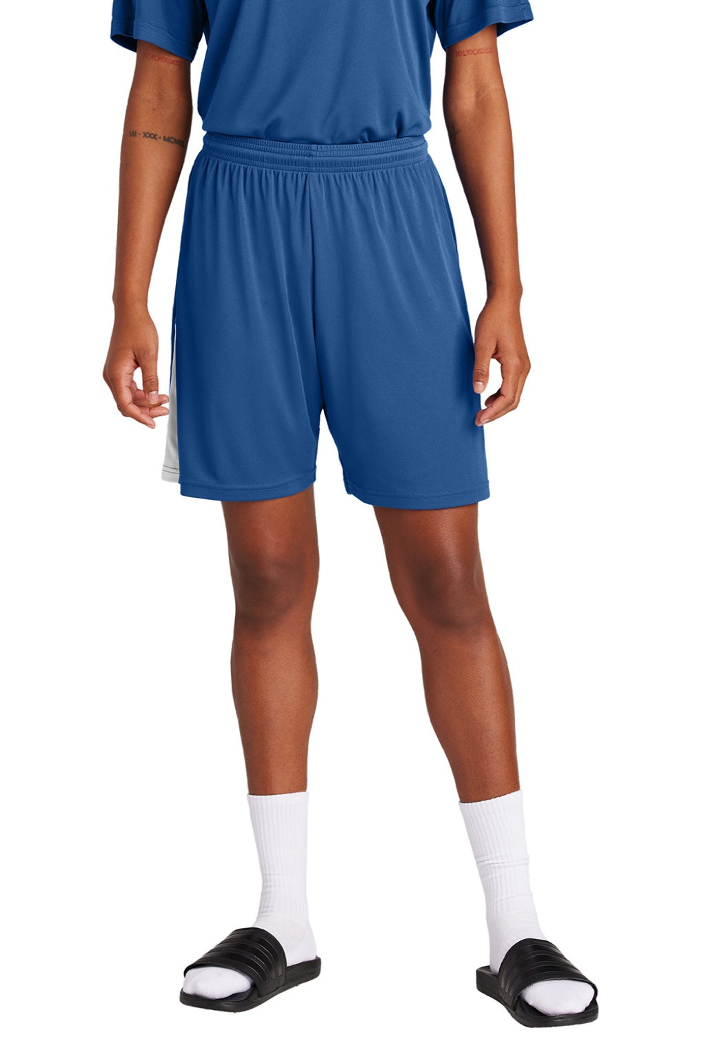 Sport-Tek ST103 Mens Moisture Wicking Competitor United Athletic Shorts Royal Blue/White Model Front