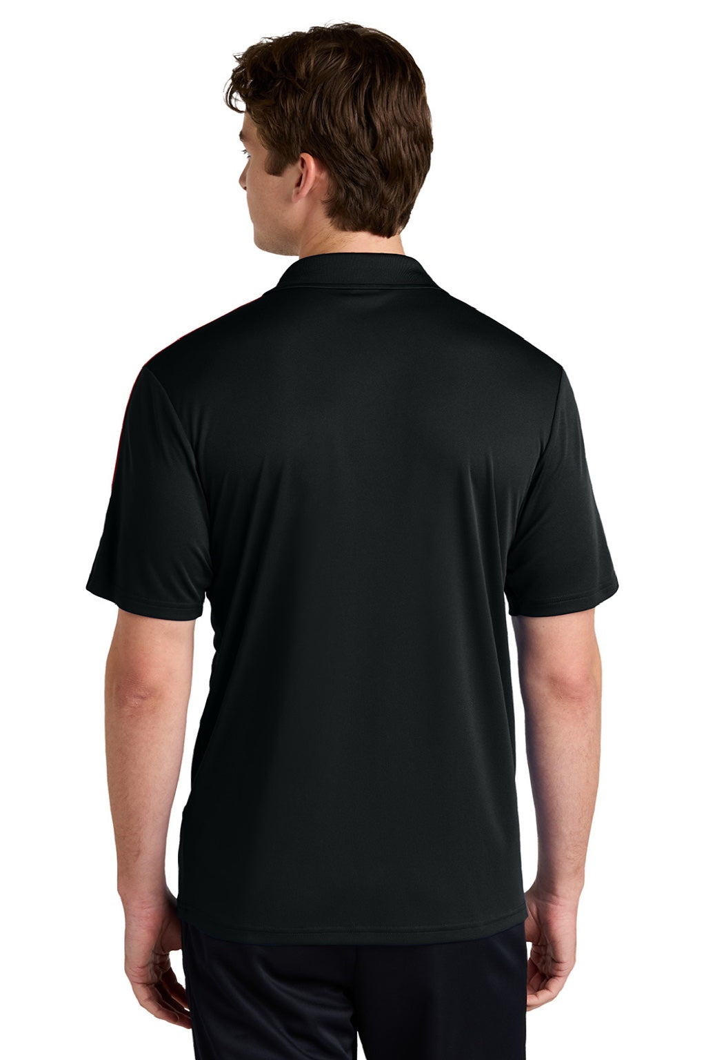 Sport-Tek ST104 Mens Moisture Wicking Competitor United Short Sleeve Polo Shirt Black/Deep Red Model Back
