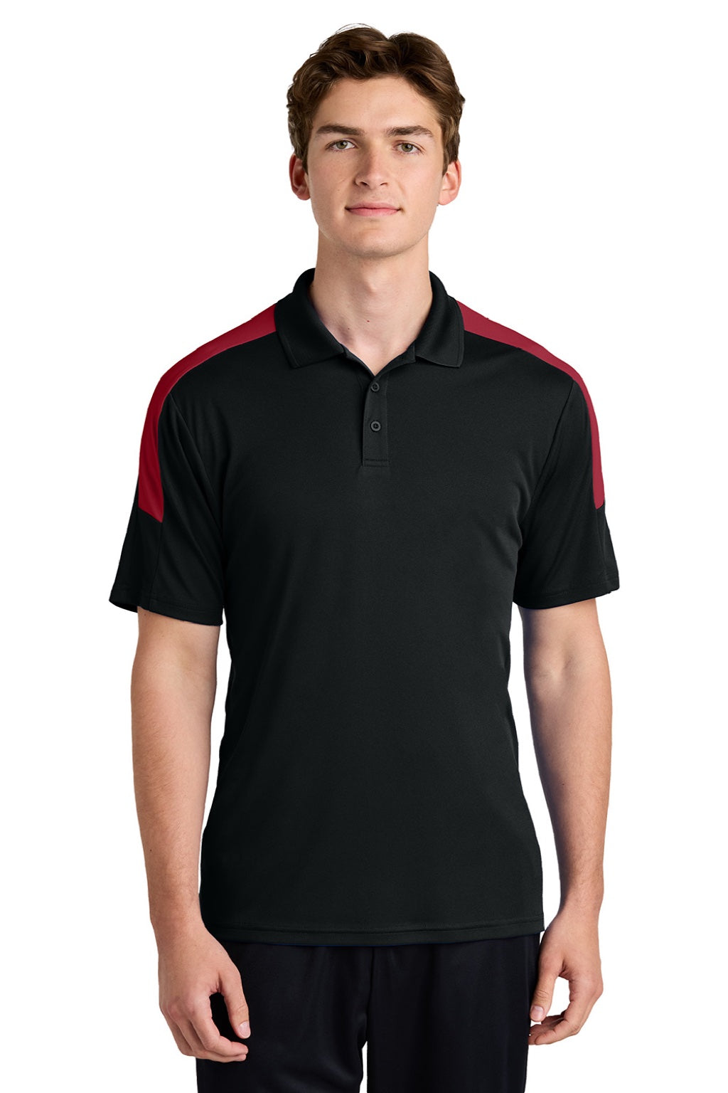 Sport-Tek ST104 Mens Moisture Wicking Competitor United Short Sleeve Polo Shirt Black/Deep Red Model Front