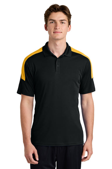Sport-Tek ST104 Mens Moisture Wicking Competitor United Short Sleeve Polo Shirt Black/Gold Model Front