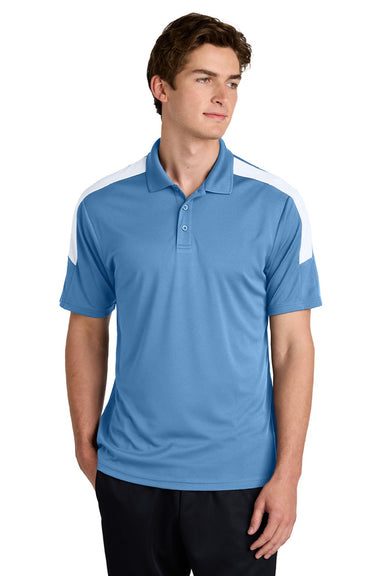 Sport-Tek ST104 Mens Moisture Wicking Competitor United Short Sleeve Polo Shirt Carolina Blue/White Model Front