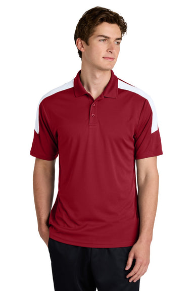 Sport-Tek ST104 Mens Moisture Wicking Competitor United Short Sleeve Polo Shirt Deep Red/White Model Front