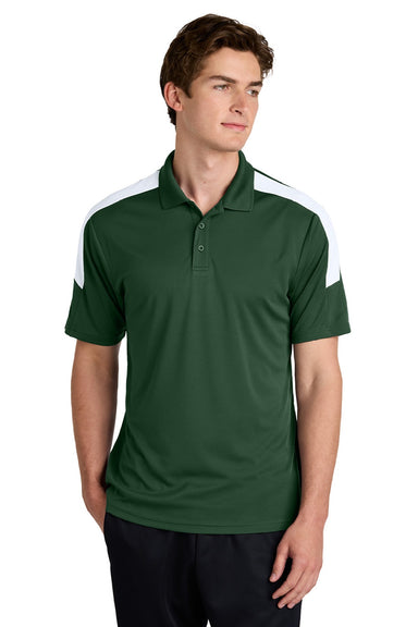 Sport-Tek ST104 Mens Moisture Wicking Competitor United Short Sleeve Polo Shirt Forest Green/White Model Front