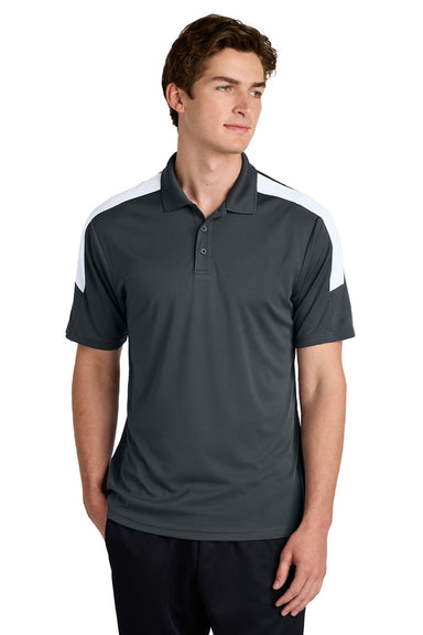 Sport-Tek ST104 Mens Moisture Wicking Competitor United Short Sleeve Polo Shirt Iron Grey/White Model Front