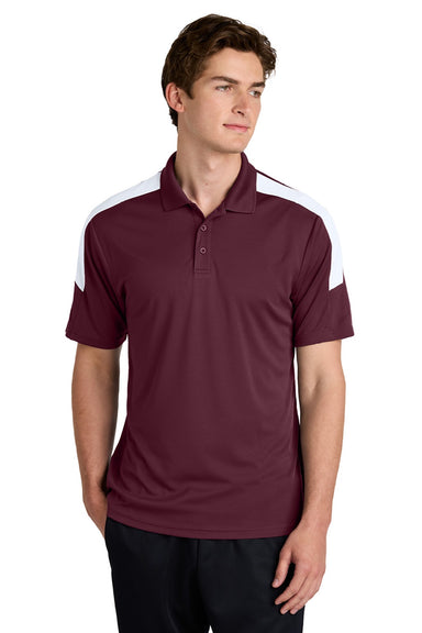 Sport-Tek ST104 Mens Moisture Wicking Competitor United Short Sleeve Polo Shirt Maroon/White Model Front