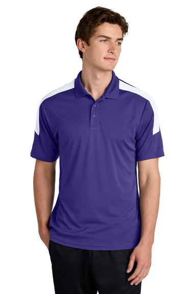 Sport-Tek ST104 Mens Moisture Wicking Competitor United Short Sleeve Polo Shirt Purple/White Model Front