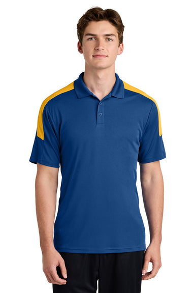 Sport-Tek ST104 Mens Moisture Wicking Competitor United Short Sleeve Polo Shirt Royal Blue/Gold Model Front