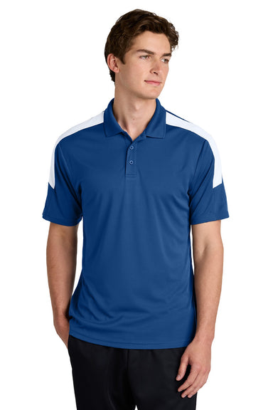 Sport-Tek ST104 Mens Moisture Wicking Competitor United Short Sleeve Polo Shirt Royal Blue/White Model Front