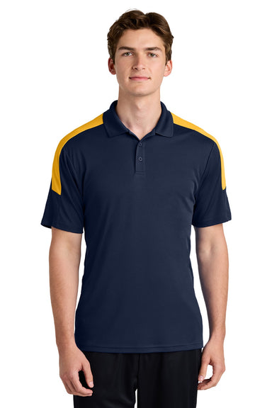 Sport-Tek ST104 Mens Moisture Wicking Competitor United Short Sleeve Polo Shirt True Navy Blue/Gold Model Front