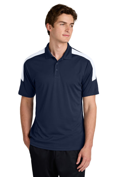 Sport-Tek ST104 Mens Moisture Wicking Competitor United Short Sleeve Polo Shirt True Navy Blue/White Model Front