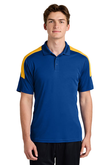 Sport-Tek ST104 Mens Moisture Wicking Competitor United Short Sleeve Polo Shirt True Royal Blue/Gold Model Front
