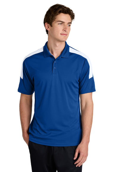 Sport-Tek ST104 Mens Moisture Wicking Competitor United Short Sleeve Polo Shirt True Royal Blue/White Model Front