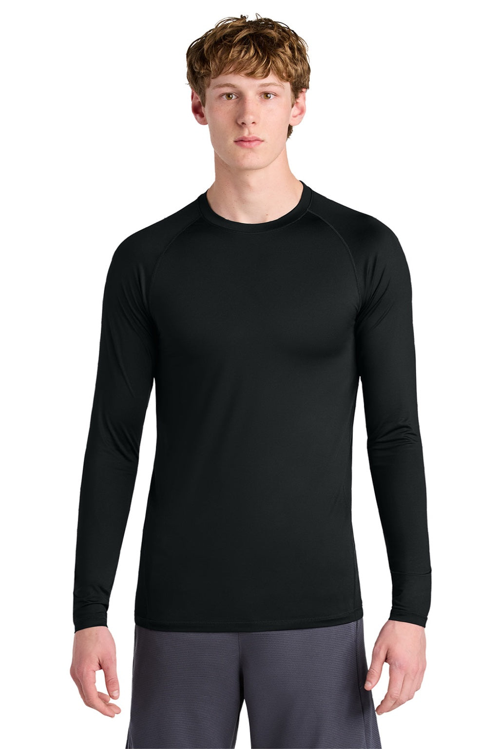 Sport-Tek ST120LS Mens PosiCharge Compression Long Sleeve Crewneck T-Shirt Black Model Front
