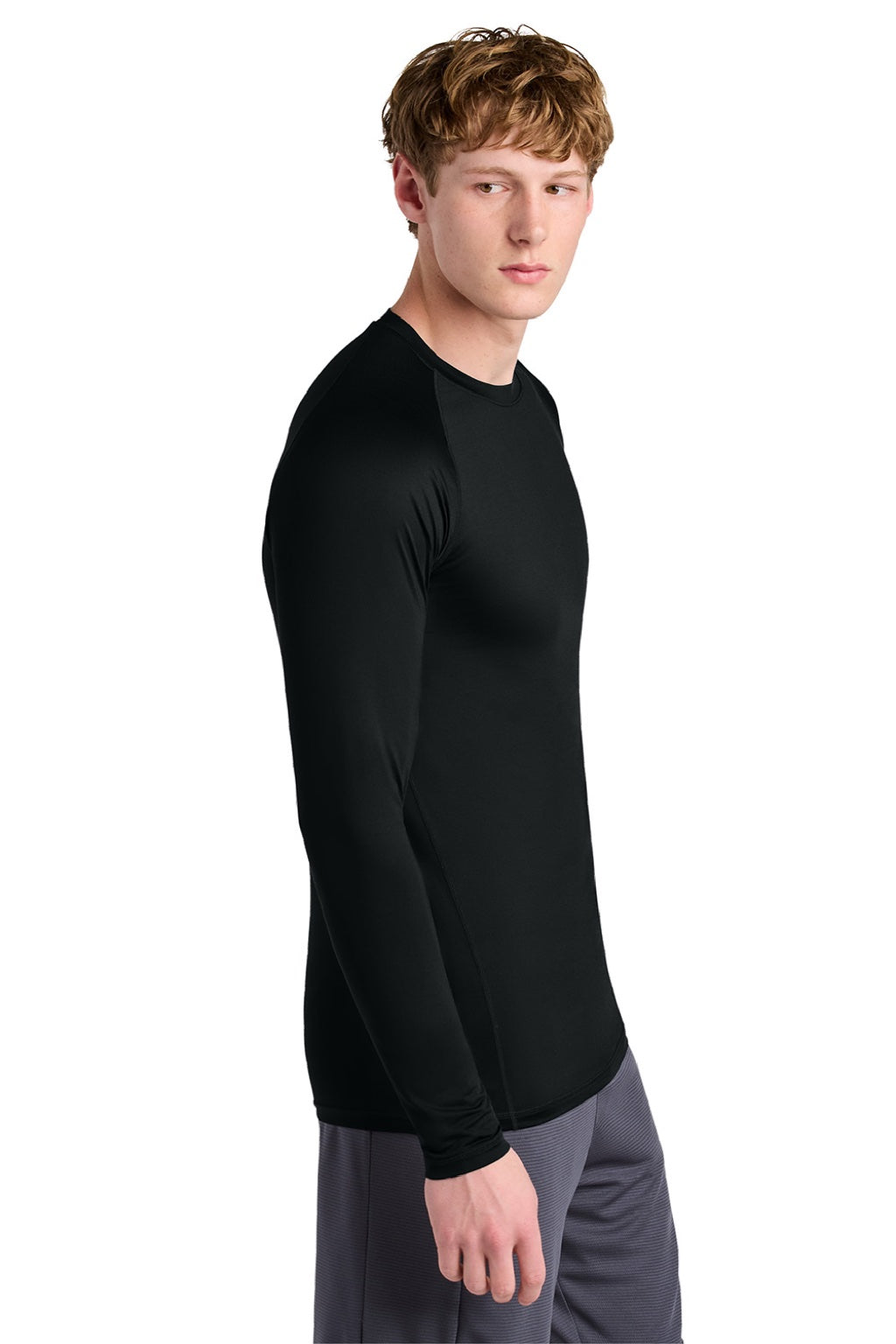 Sport-Tek ST120LS Mens PosiCharge Compression Long Sleeve Crewneck T-Shirt Black Model Side