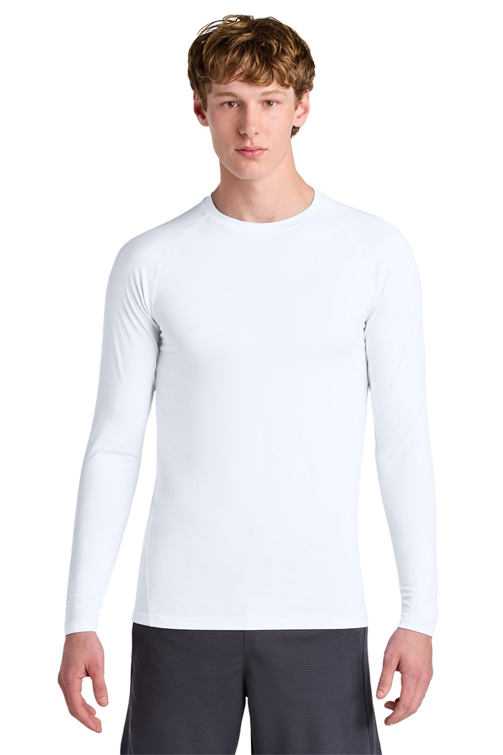 Sport-Tek ST120LS Mens PosiCharge Compression Long Sleeve Crewneck T-Shirt White Model Front