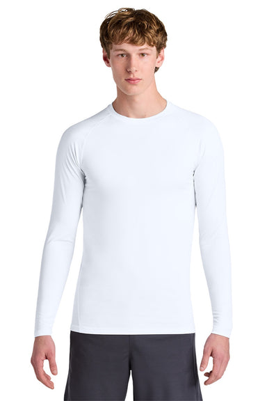 Sport-Tek ST120LS Mens PosiCharge Compression Long Sleeve Crewneck T-Shirt White Model Front